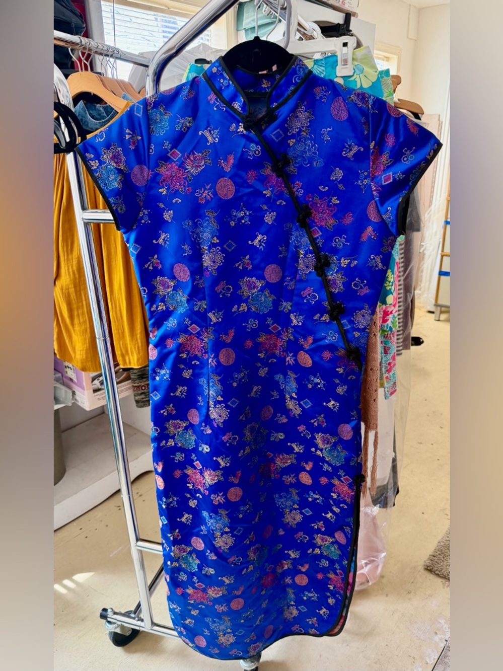Blue Floral Satin Cheongsam Dress